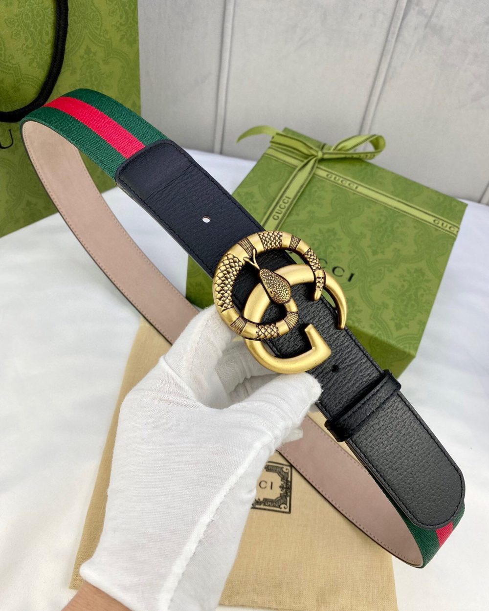 1:1 Replica Gucci Web Belt With Double G Snake Buckle Green/Red Web Fabric And Black For Women, Women Belt