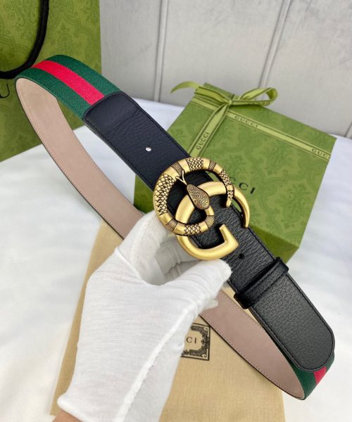 1:1 Replica Gucci Web Belt With Double G Snake Buckle Green/Red Web Fabric And Black For Women, Women Belt