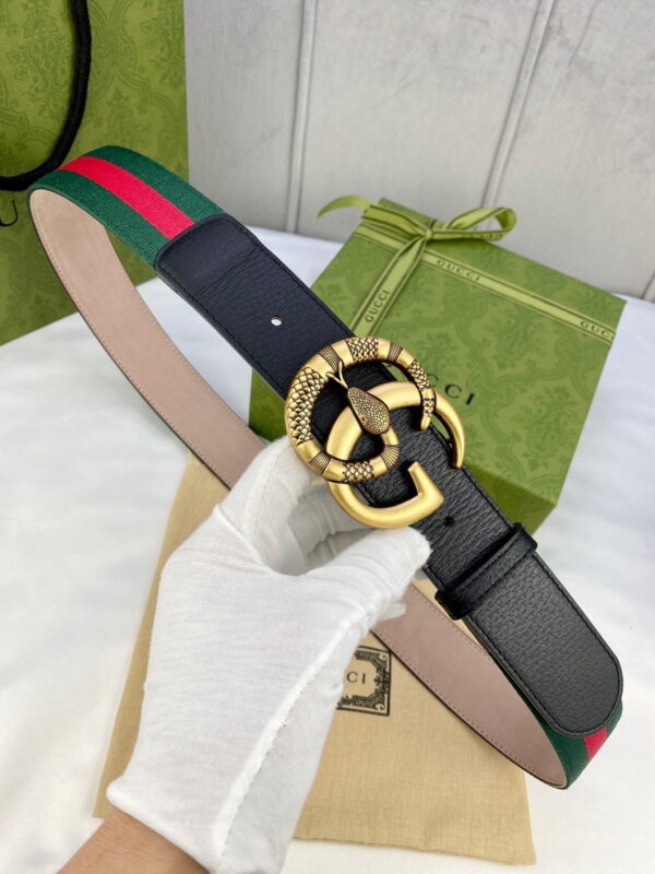 1:1 Replica Gucci Web Belt With Double G Snake Buckle Green/Red Web Fabric And Black For Women, Women Belt
