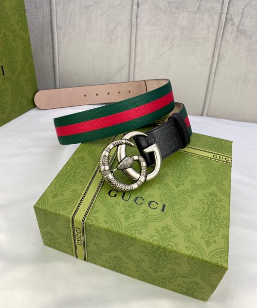 1:1 Replica Gucci Web Belt With Double G Snake Buckle Green/Red Web Fabric And Black For Women, Women Belt