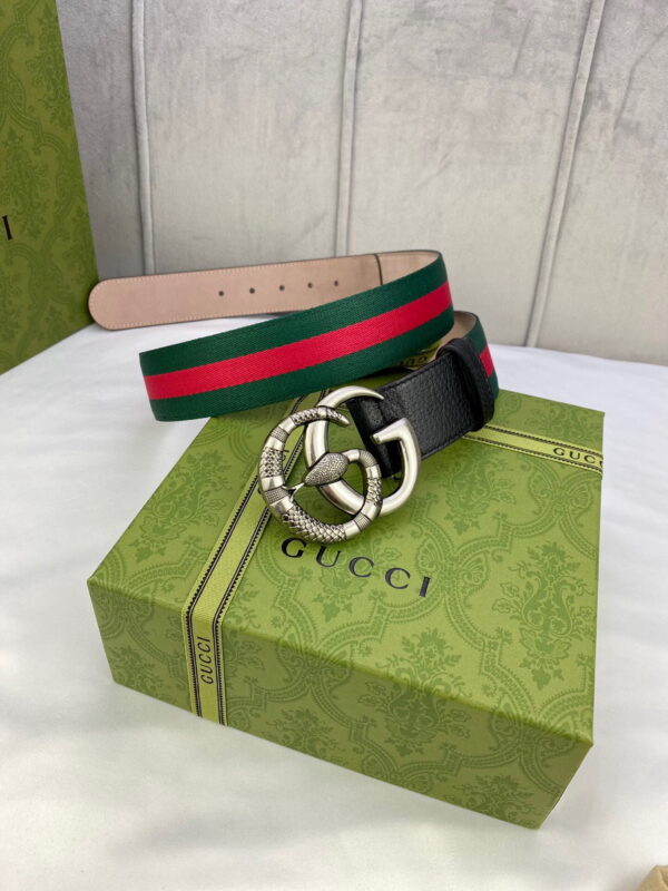 1:1 Replica Gucci Web Belt With Double G Snake Buckle Green/Red Web Fabric And Black For Women, Women Belt