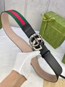 1:1 Replica Gucci Web Belt With Double G Snake Buckle Green/Red Web Fabric And Black For Women, Women Belt