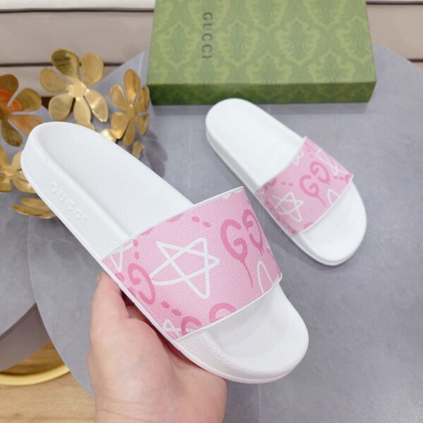 Gucci Women's GG Stars Print Slide Sandal Pink And White For Women 408508