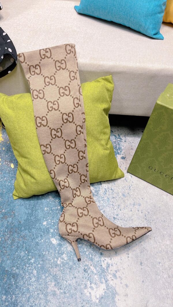 Gucci Women's Mid-Heel Lisa Monogram Canvas Boot Beige For Women GG