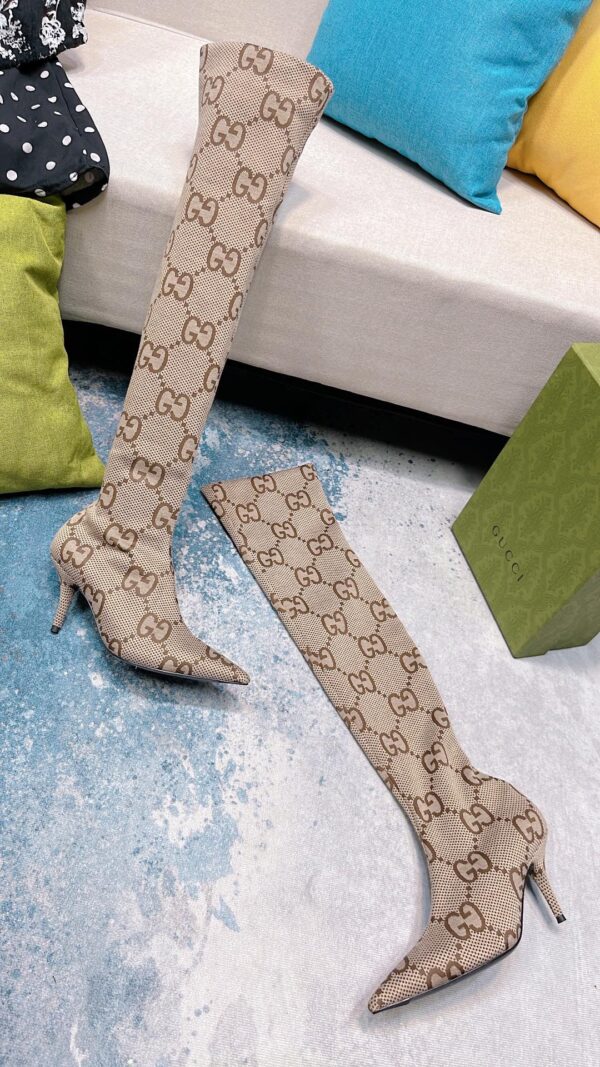 Gucci Women's Mid-Heel Lisa Monogram Canvas Boot Beige For Women GG