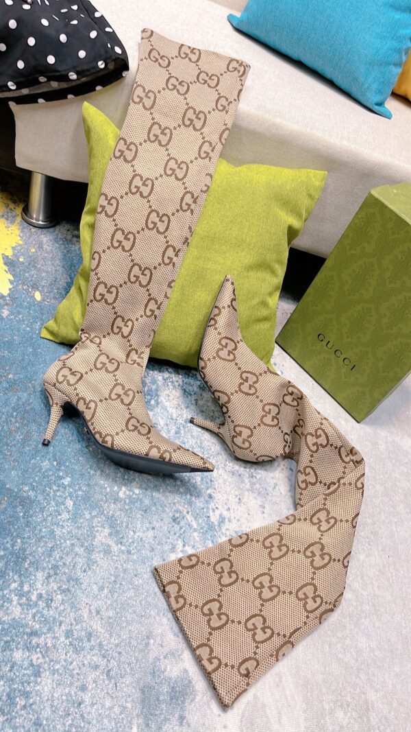 Gucci Women's Mid-Heel Lisa Monogram Canvas Boot Beige For Women GG