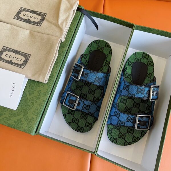 Gucci Women's Slide Sandal With Straps Beige And Blue For Women GG