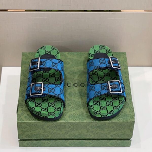 Gucci Women's Slide Sandal With Straps Beige And Blue For Women GG