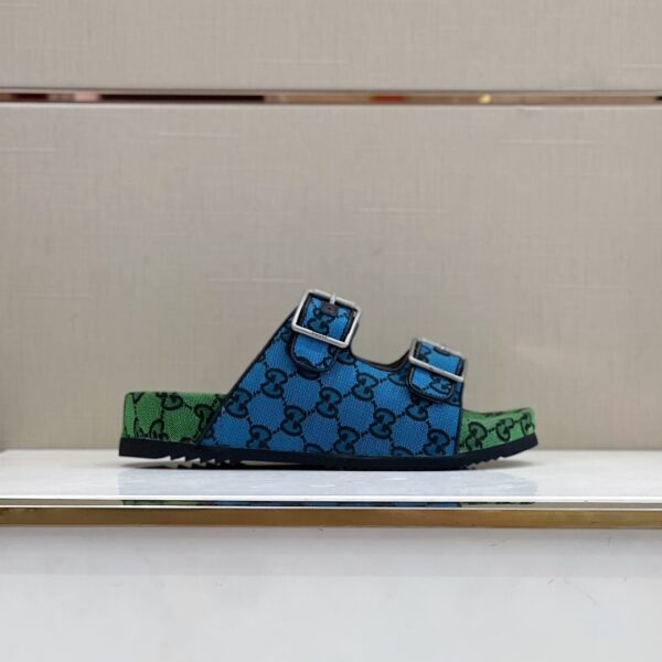 Gucci Women's Slide Sandal With Straps Beige And Blue For Women GG