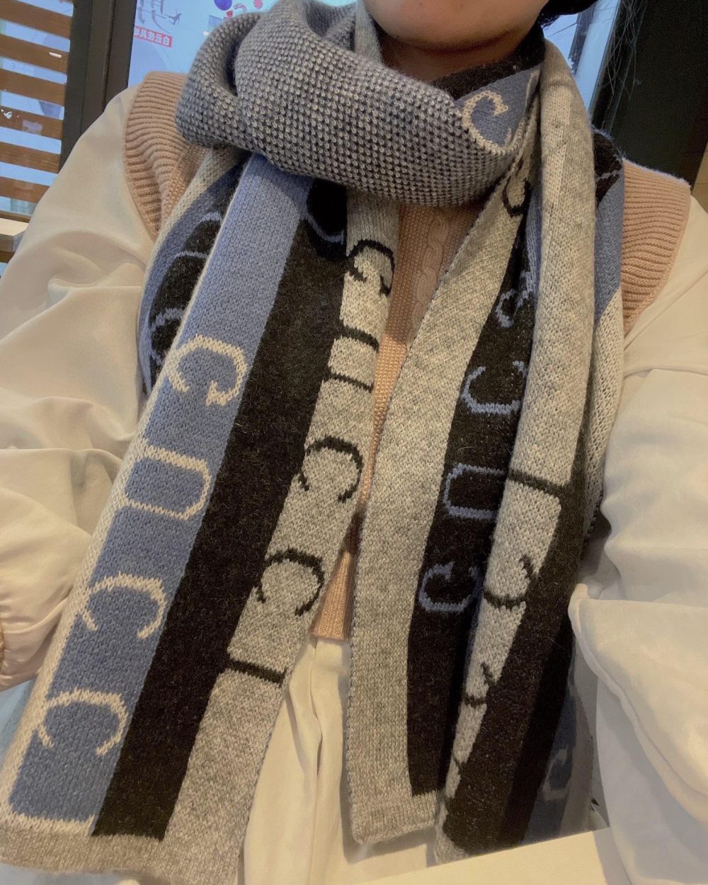 Gucci Wool Multicolor Line in Grey and Blue Scarf 150cm/71in
