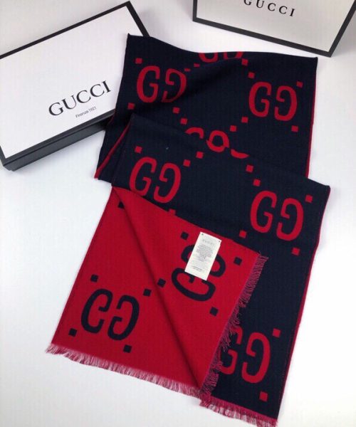 Gucci Wool Silk Jacquard Monogram Blue/ Red Scarf 180cm/71in 495592 4G350 4074