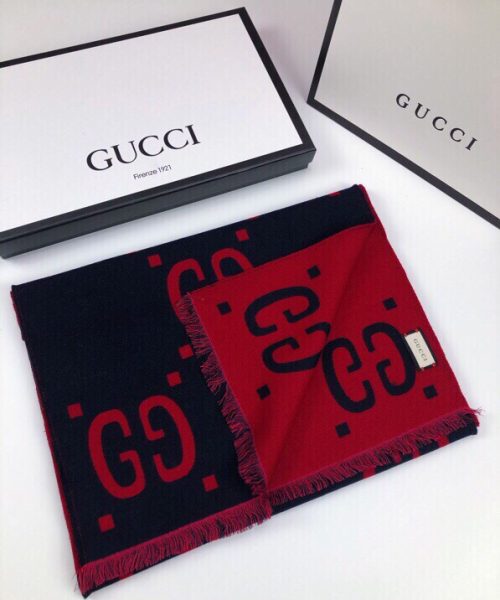 Gucci Wool Silk Jacquard Monogram Blue/ Red Scarf 180cm/71in 495592 4G350 4074