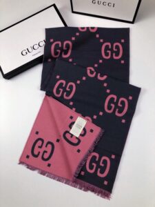 Gucci Wool Silk Jacquard Monogram Pink/ Dark Blue Scarf 180cm/71in 