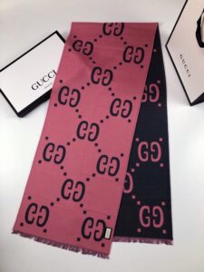 Gucci Wool Silk Jacquard Monogram Pink/ Dark Blue Scarf 180cm/71in 