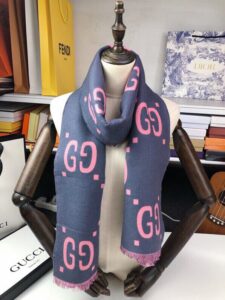 Gucci Wool Silk Jacquard Monogram Pink/ Dark Blue Scarf 180cm/71in 