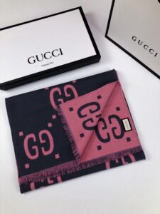 Gucci Wool Silk Jacquard Monogram Pink/ Dark Blue Scarf 180cm/71in 