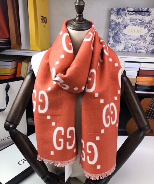 Gucci Wool Silk Jacquard Monogram Red/ White Scarf 180cm/71in 