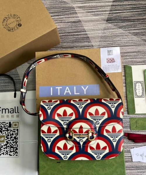 1:1 Replica Gucci x Adidas Horsebit 1955 Shoulder Bag Blue/Red For Women, Women's Bags 9.8in/25cm GG 602204 UVG0G 4168