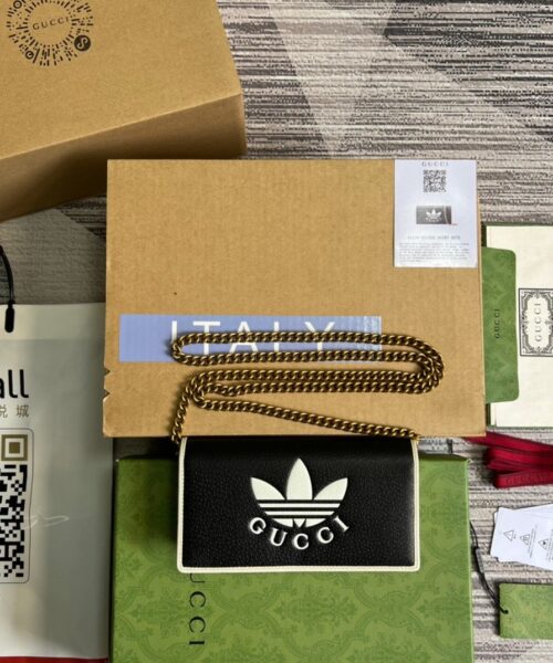 1:1 Replica Gucci x Adidas Wallet With Chain Black For Women, Women's Bags 7.5in/19cm GG 621892 UZ3BG 1057