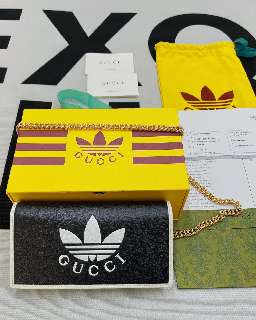 1:1 Replica Gucci x Adidas Wallet With Chain Black For Women, Women's Bags 7.5in/19cm GG 621892 UZ3BG 1057