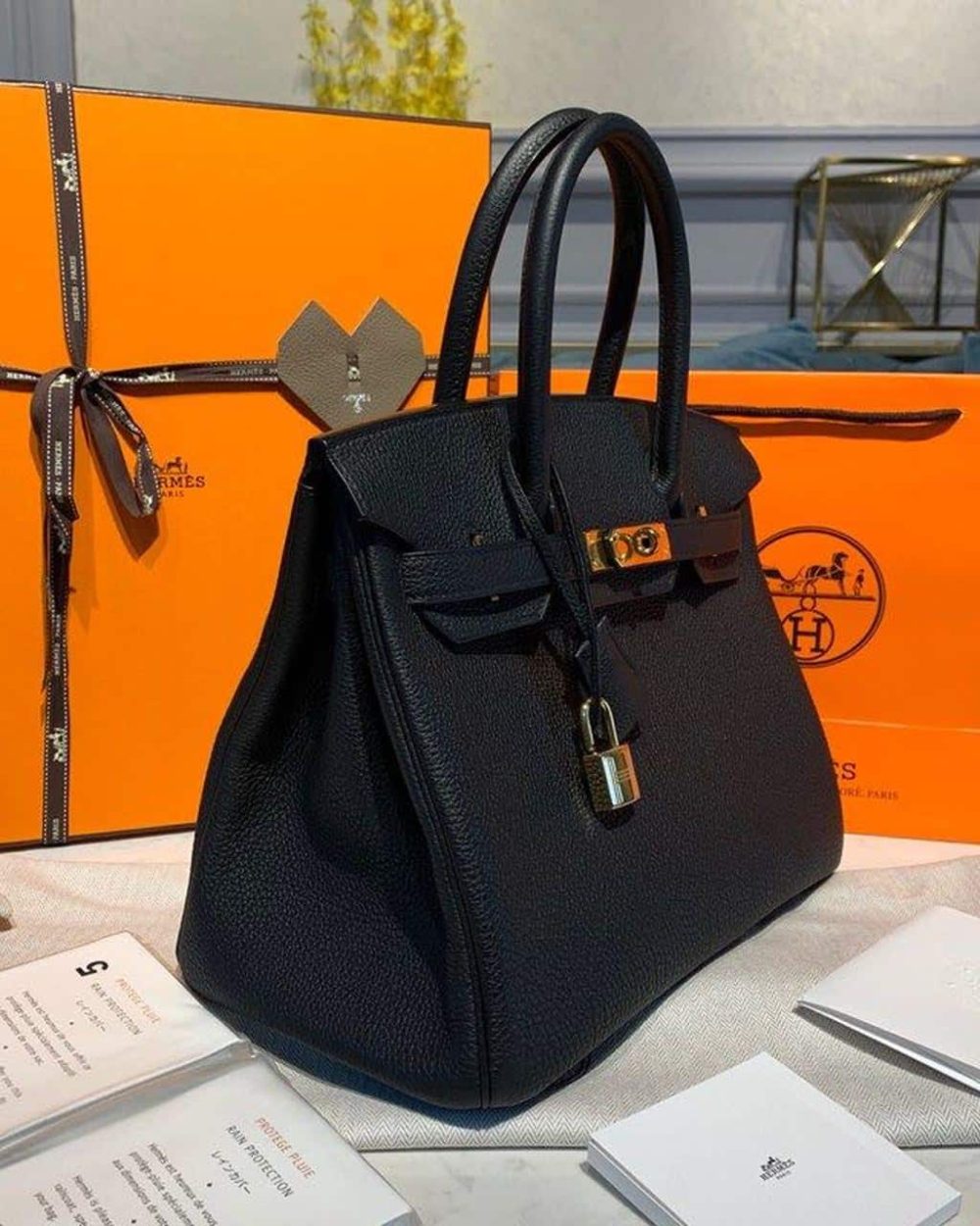 1:1 Replica Hermes Birkin Black For Women Gold Toned Hardware 9.8in/25cm