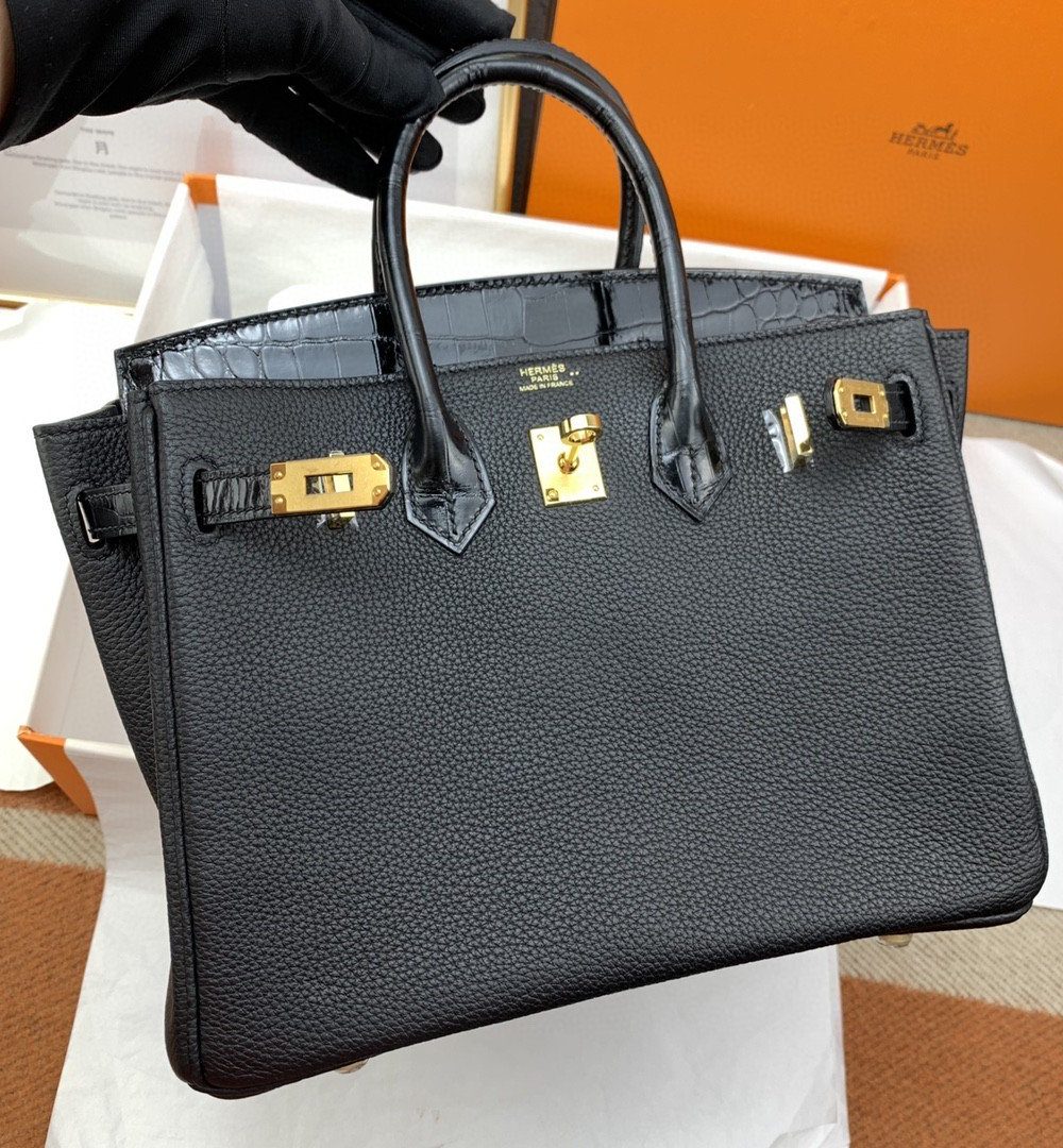 1:1 Replica Hermes Birkin Nata Swift Black For Women Gold Toned Hardware 10in/25cm