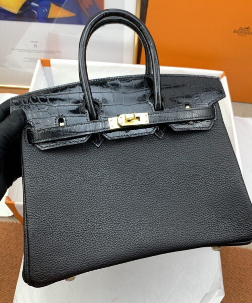 1:1 Replica Hermes Birkin Nata Swift Black For Women Gold Toned Hardware 10in/25cm