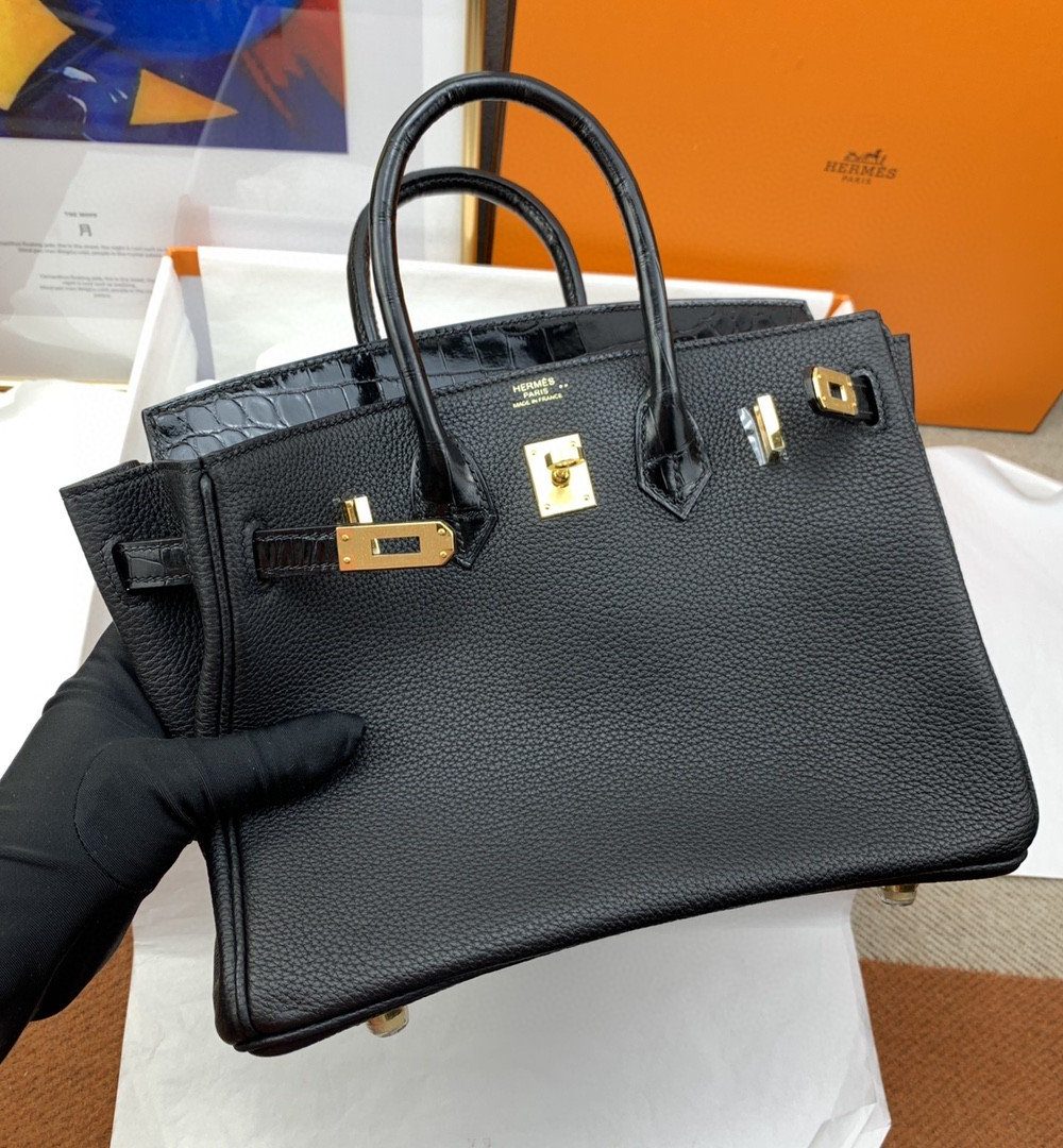 1:1 Replica Hermes Birkin Nata Swift Black For Women Gold Toned Hardware 10in/25cm