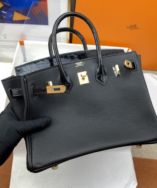 1:1 Replica Hermes Birkin Nata Swift Black For Women Gold Toned Hardware 10in/25cm