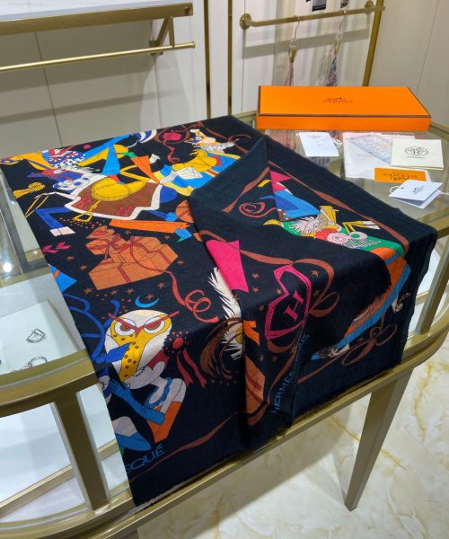 Hermes Cashmere Multicolor in Black Scarf 200cm/79in 