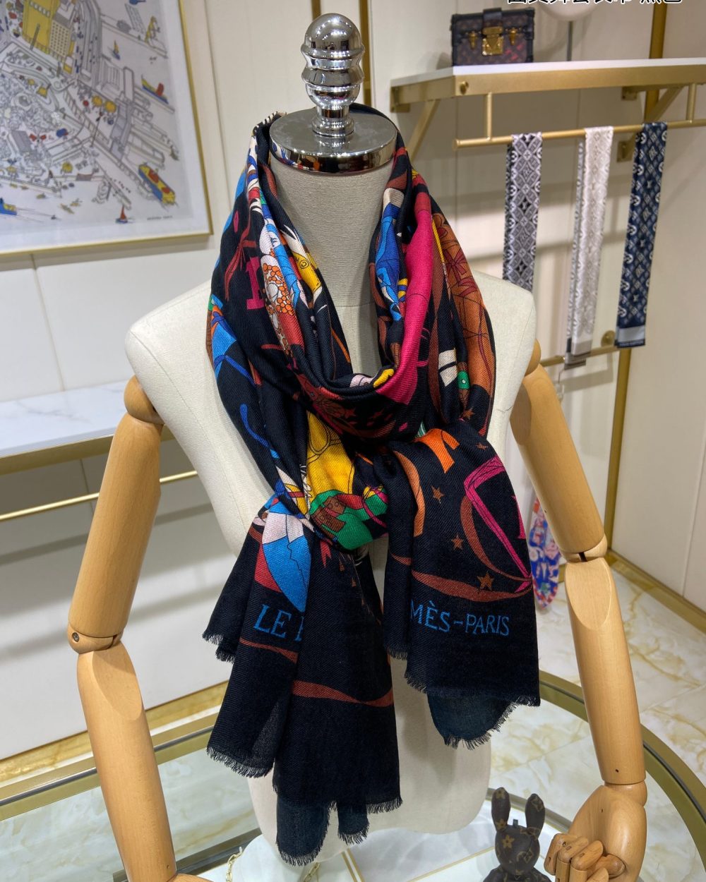 Hermes Cashmere Multicolor in Black Scarf 200cm/79in 