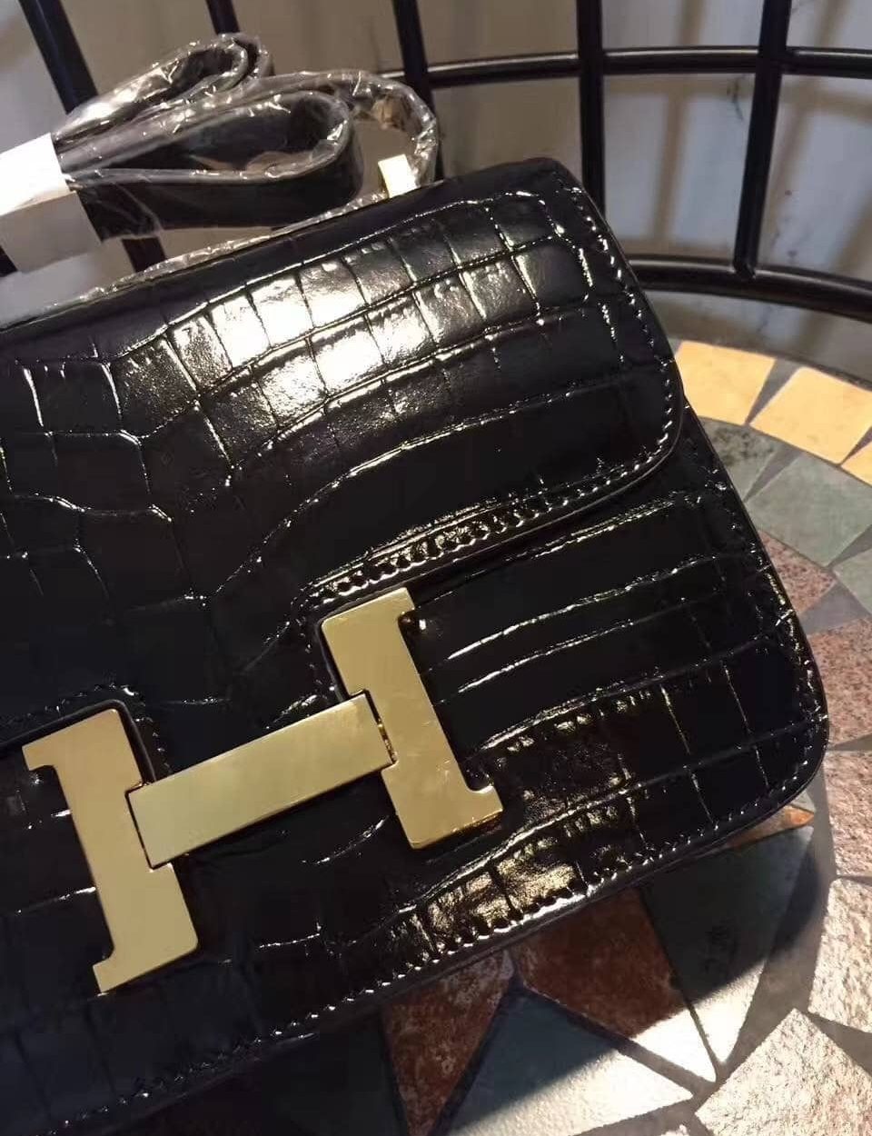 1:1 Replica Hermes Constance 24 Pattern Crocodile Black For Women, Women's Handbags, Shoulder Bag 9.4in/24cm