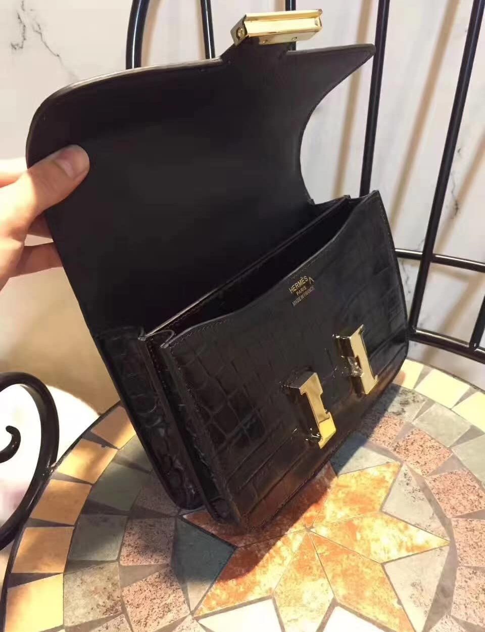 1:1 Replica Hermes Constance 24 Pattern Crocodile Black For Women, Women's Handbags, Shoulder Bag 9.4in/24cm