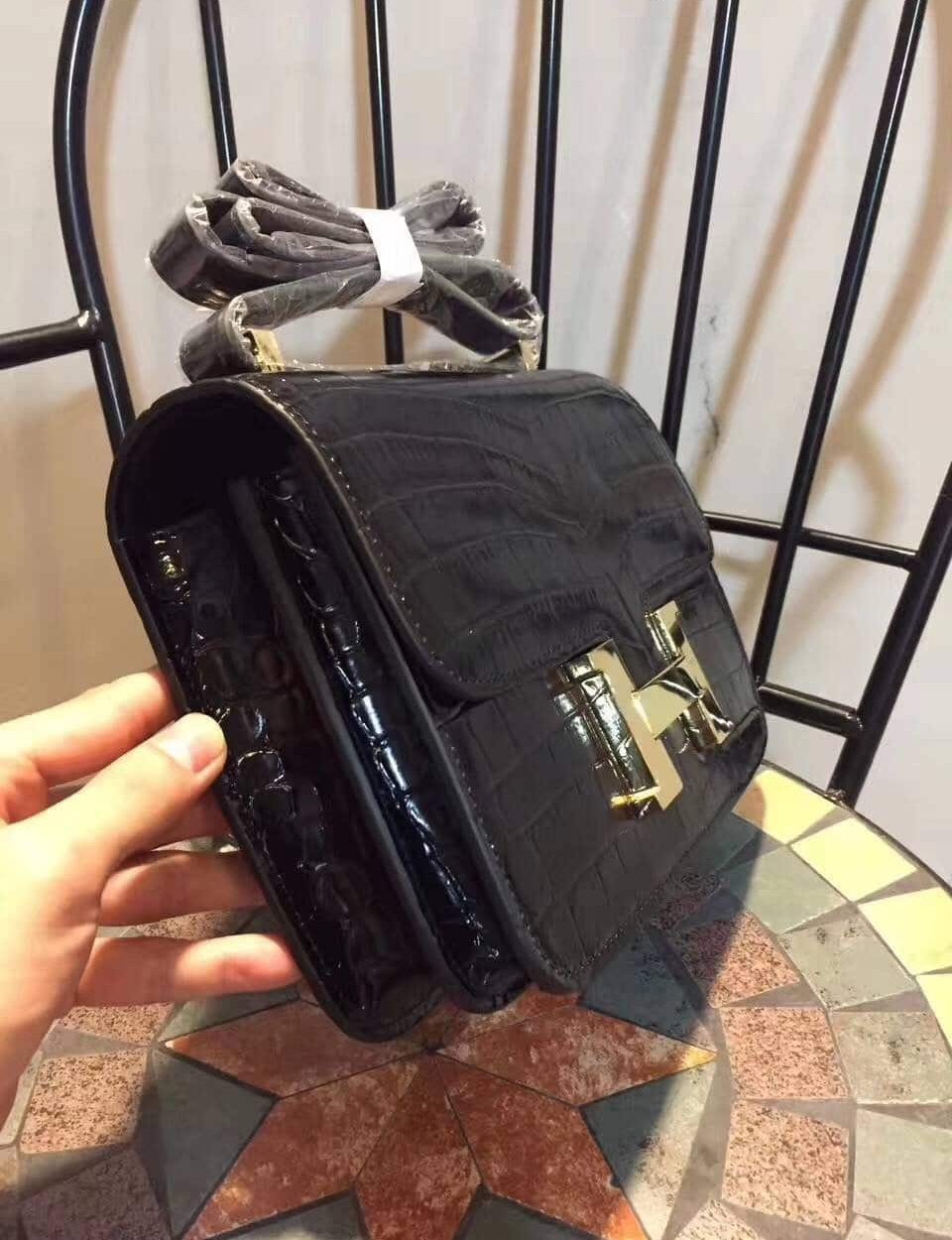 1:1 Replica Hermes Constance 24 Pattern Crocodile Black For Women, Women's Handbags, Shoulder Bag 9.4in/24cm