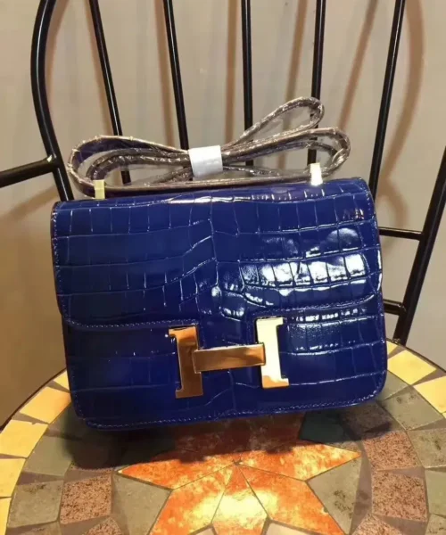 1:1 Replica Hermes Constance 24 Pattern Crocodile Blue For Women, Women's Handbags, Shoulder Bag 9.4in/24cm