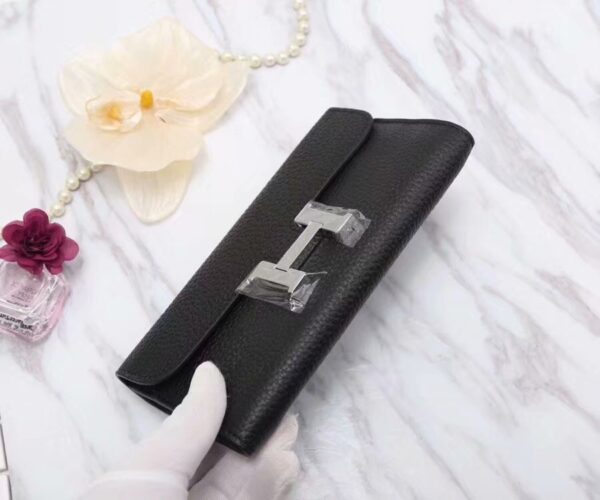 Hermes Constance Togo Long Wallet 20cm/7.9in Silver Toned Hardware For Women Black