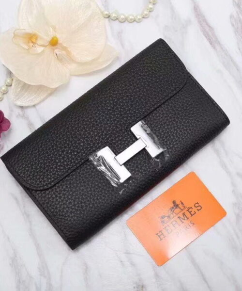 Hermes Constance Togo Long Wallet 20cm/7.9in Silver Toned Hardware For Women Black