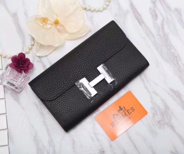 Hermes Constance Togo Long Wallet 20cm/7.9in Silver Toned Hardware For Women Black