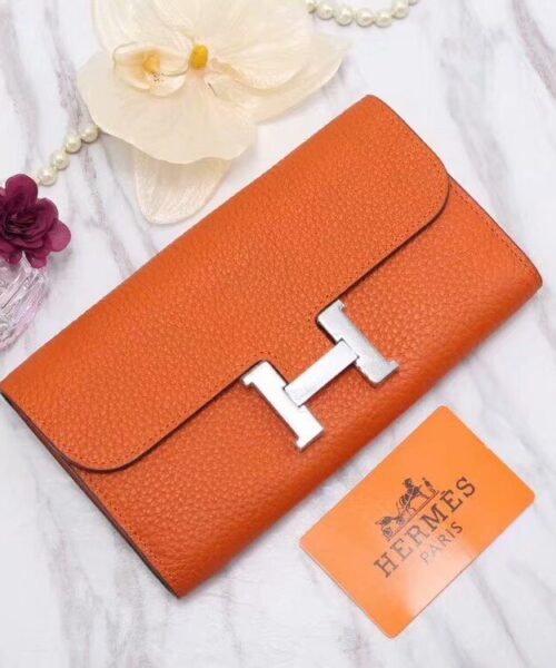 Hermes Constance Togo Long Wallet 20cm/7.9in Silver Toned Hardware For Women Orange