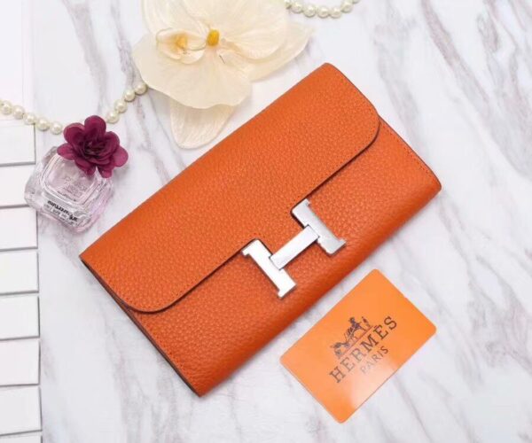 Hermes Constance Togo Long Wallet 20cm/7.9in Silver Toned Hardware For Women Orange