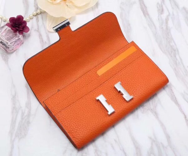 Hermes Constance Togo Long Wallet 20cm/7.9in Silver Toned Hardware For Women Orange