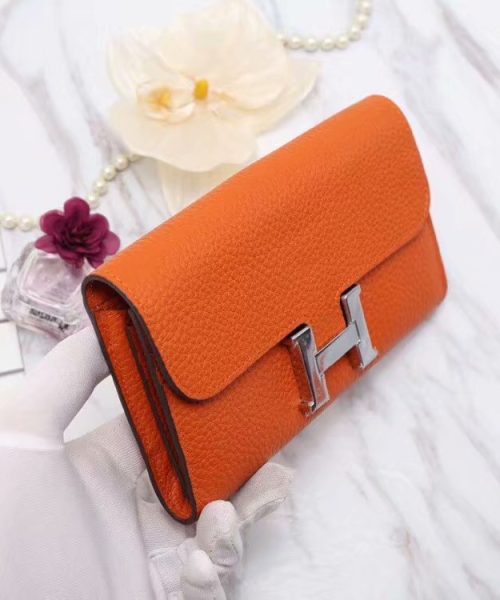 1:1 Replica Hermes Constance Togo Long Wallet 20cm/7.9in Silver Toned Hardware For Women Orange