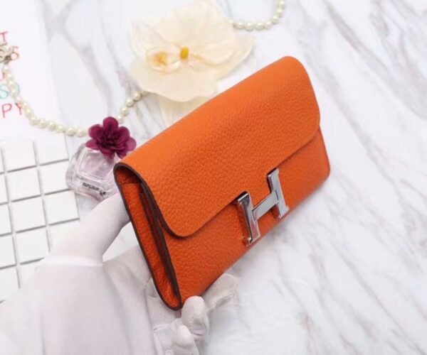 Hermes Constance Togo Long Wallet 20cm/7.9in Silver Toned Hardware For Women Orange