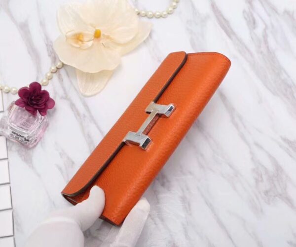 Hermes Constance Togo Long Wallet 20cm/7.9in Silver Toned Hardware For Women Orange