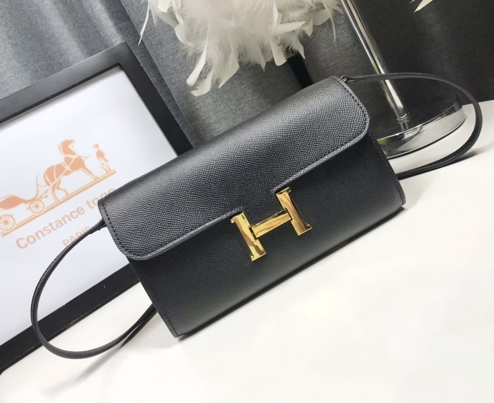 1:1 Replica Hermes Constance Togo Long Wallet 21cm/8.3in Gold Toned Hardware For Women Black