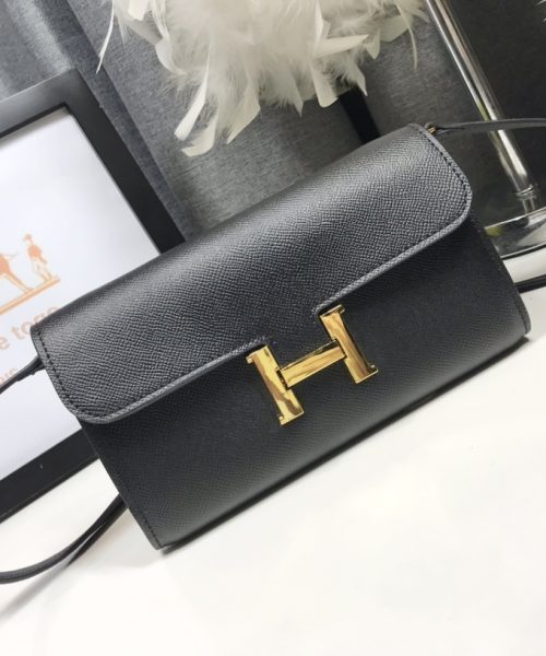 1:1 Replica Hermes Constance Togo Long Wallet  21cm/8.3in Gold Toned Hardware For Women Black