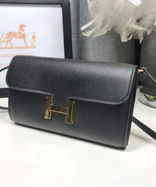 1:1 Replica Hermes Constance Togo Long Wallet  21cm/8.3in Gold Toned Hardware For Women Black