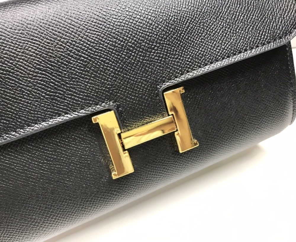 1:1 Replica Hermes Constance Togo Long Wallet 21cm/8.3in Gold Toned Hardware For Women Black