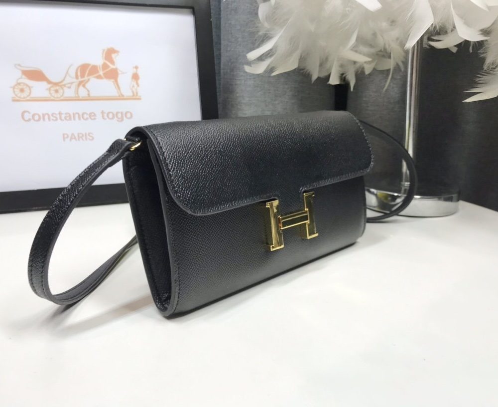 1:1 Replica Hermes Constance Togo Long Wallet 21cm/8.3in Gold Toned Hardware For Women Black