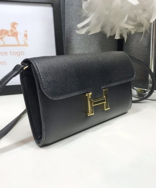 1:1 Replica Hermes Constance Togo Long Wallet  21cm/8.3in Gold Toned Hardware For Women Black